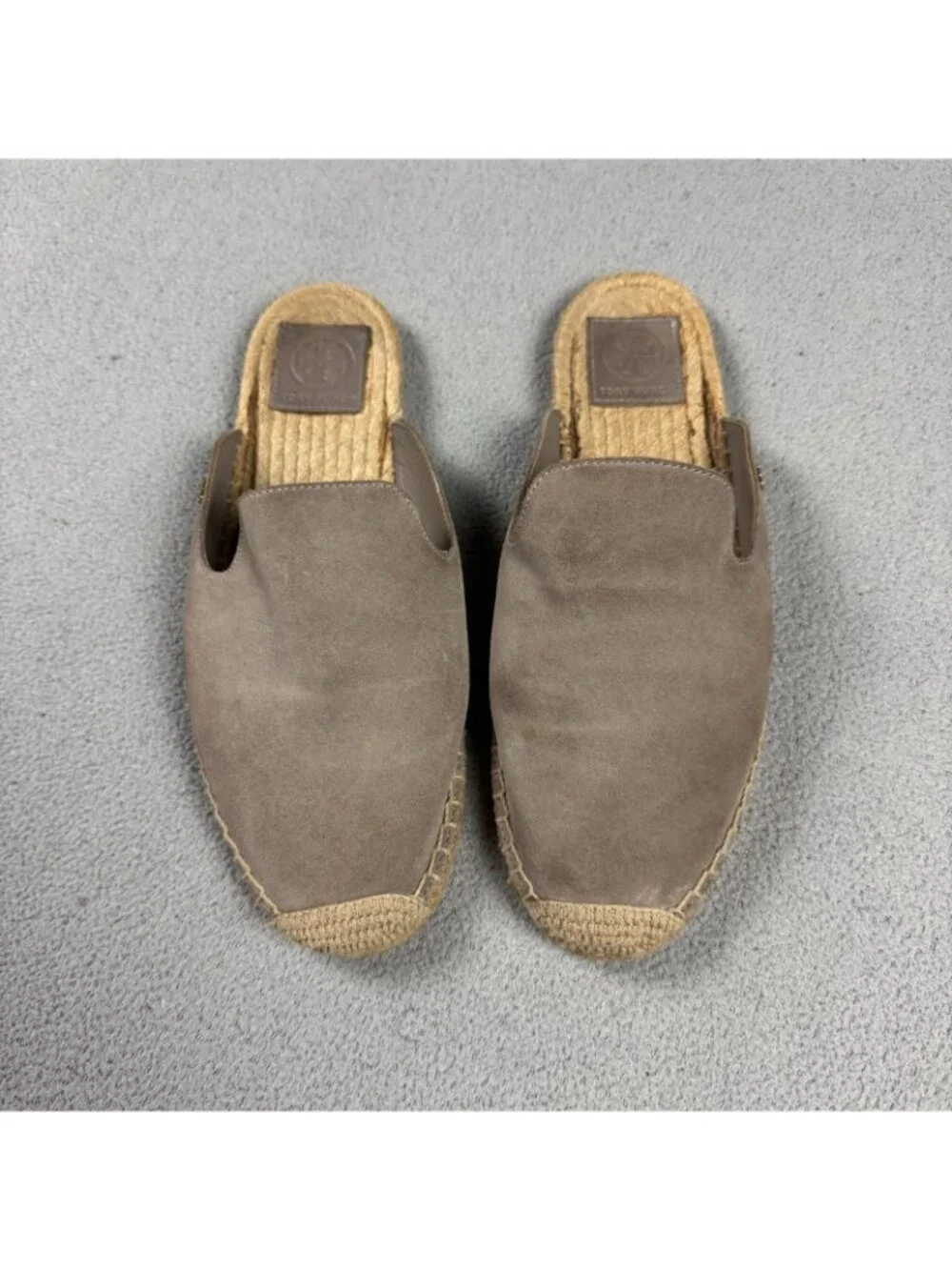 Tory Burch Suede Espadrille Mules Womens Size 8.5 M Taupe Slides Flat Slipper